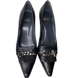 Stuart Weitzman Womens Black Leather Kilted Embellished Size US 7 M